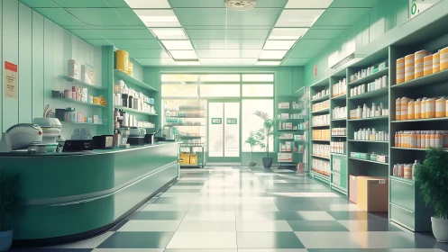 Bright, orderly pharmacy interior with stocked green shelves