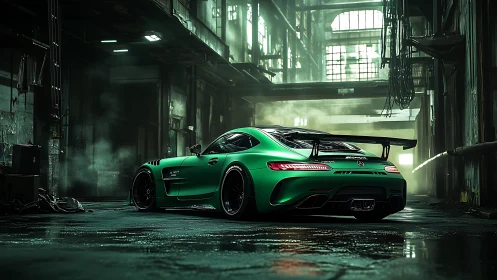 Emerald track car waits under industrial neon haze.