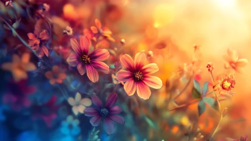 Soft-Focus Dahlias and Cosmos with Chromatic Warm-Tone Gradient.