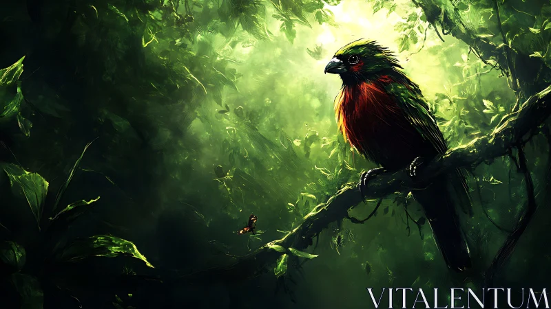 Vibrant rainforest bird on branch in luminous digital painting.