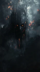 Infernal shadow figure emerges within smoldering darkness