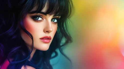 Portrait showcases vivid neon hair against soft bokeh glow.