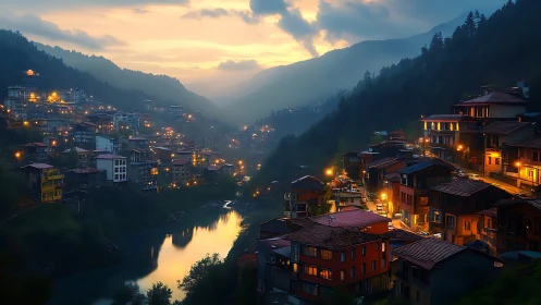 Mountain valley town at dusk rendered in cinematic digital painting