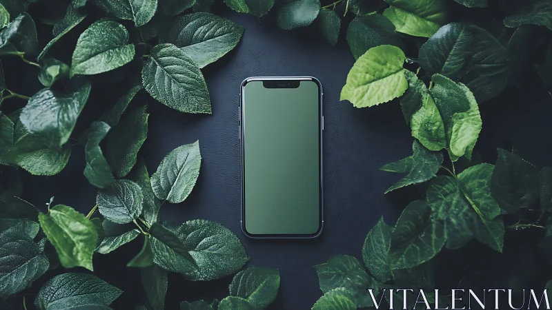 Minimal smartphone centered in lush botanical frame.