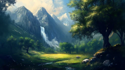Mountain valley meadow with waterfall under soft morning light