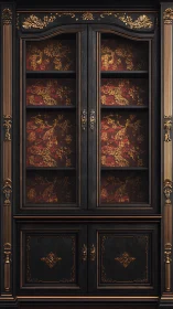 Ornate black wooden cabinet with gold carved decorative detailing