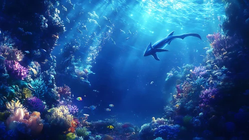 Digital reef ecosystem rendered with luminous volumetric lighting