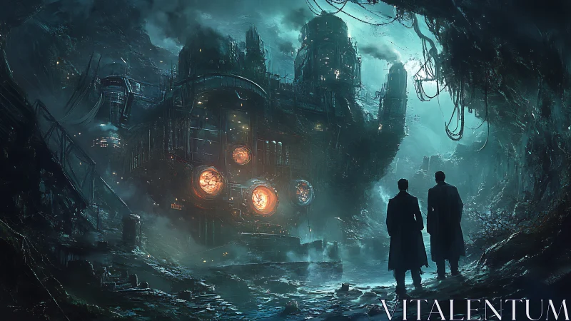 Industrial dystopian engine fortress in teal atmospheric haze.