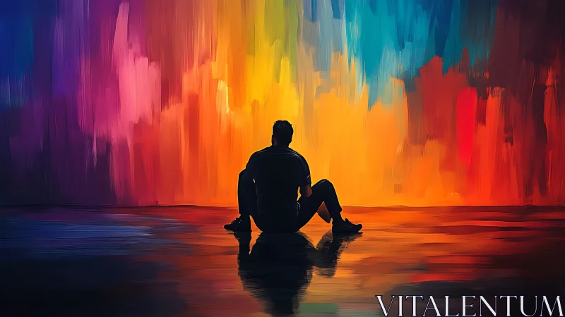 Digital painting of seated silhouette before chromatic wall.