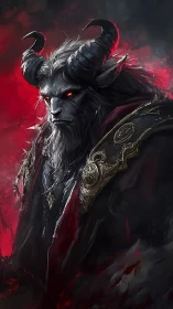 Horned infernal warlord in red-tinged atmospheric digital portrait.
