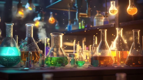 Glowing laboratory glassware captures a magical science moment