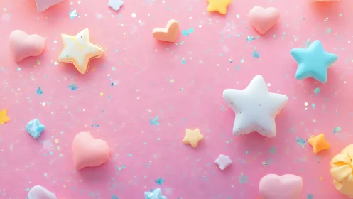 Pastel confectionary stars and hearts in controlled scatterfield.