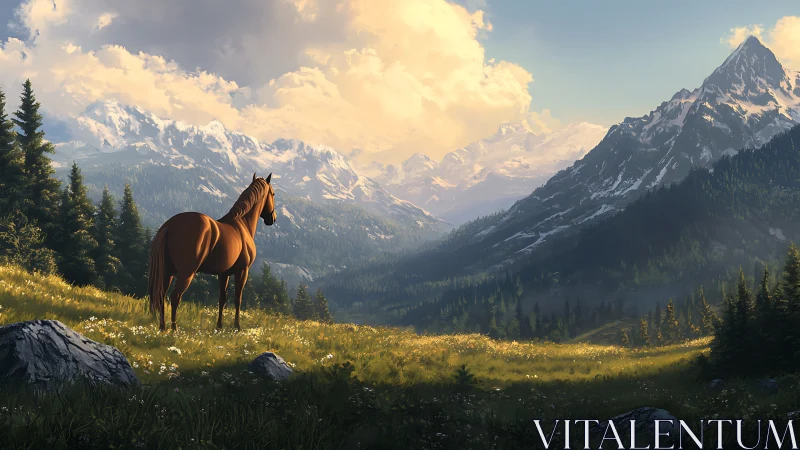 Gentle horse enjoying a golden sunrise in quiet mountains.