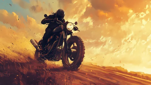 Motorcyclist rides off-road under intense sunset sky.