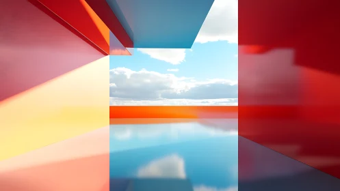 Geometric interior with sky view and reflective floor plane.