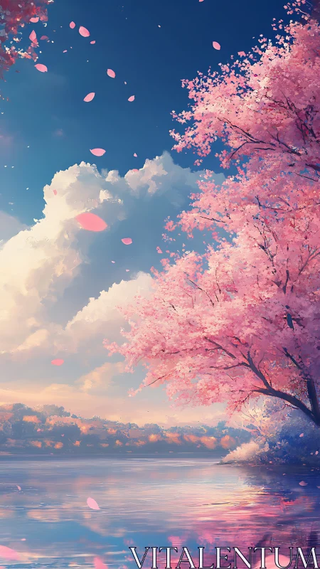 Pink cherry blossom tree over calm reflective lakeside