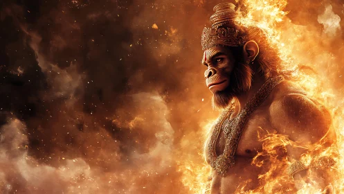 Fiery monkey warrior stands strong in swirling golden flames.