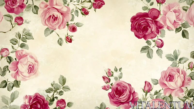 Pink and red painted roses frame empty beige background
