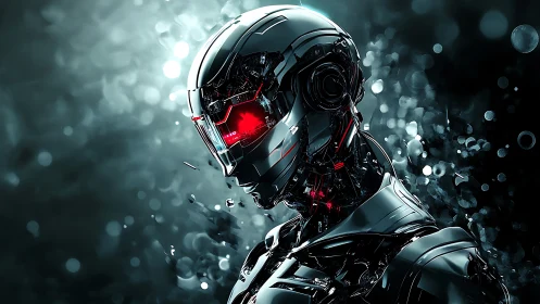 Cybernetic android head rendered with reflective metal detail