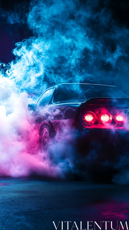 Neon drift car emerging through dense cyberpunk smoke.