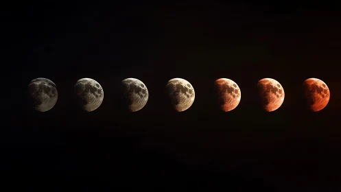 Lunar eclipse progression in sequential high-contrast frames.