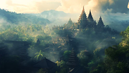 Misted jungle temple city under warm morning light.