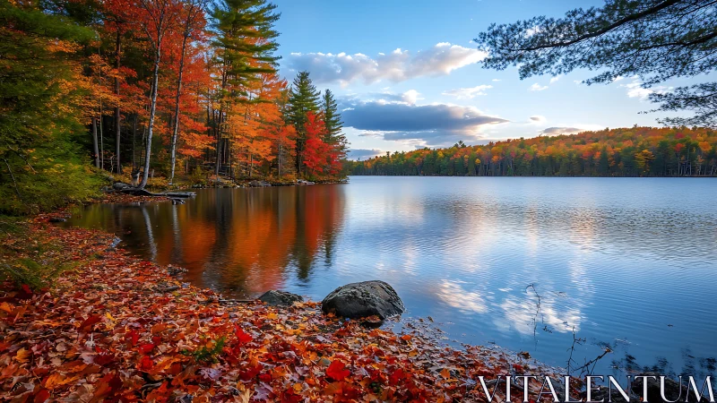 Autumn shoreline reflections on tranquil forest lake at dusk.