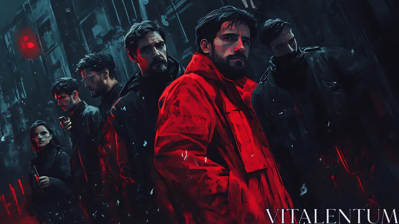 Brooding urban crew stands under harsh red neon glow