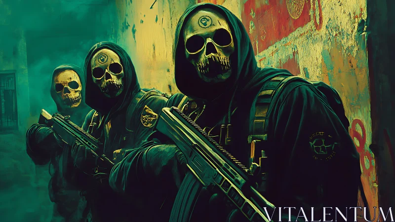 Hooded rifle squad with skull masks advances through alley