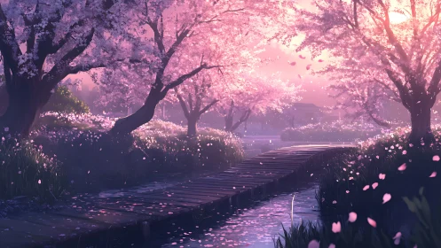 Wooden path under pink blossom trees beside narrow stream.