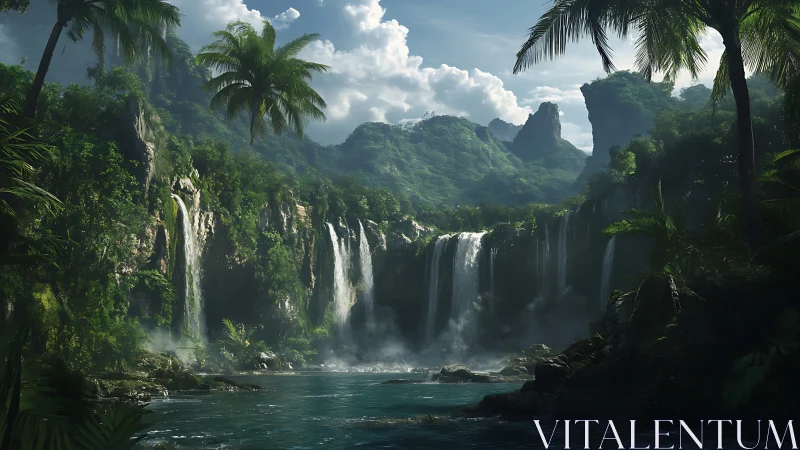 Tropical waterfall landscape with limestone formations.