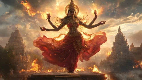 Divine multi-armed goddess levitates above burning temple complex