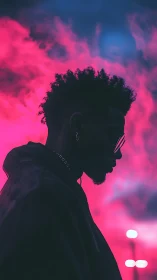 Neon silhouette portrait under vivid pink sky glow.