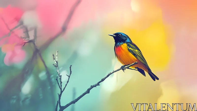 Multicolor passerine on branch with gradient bokeh field.