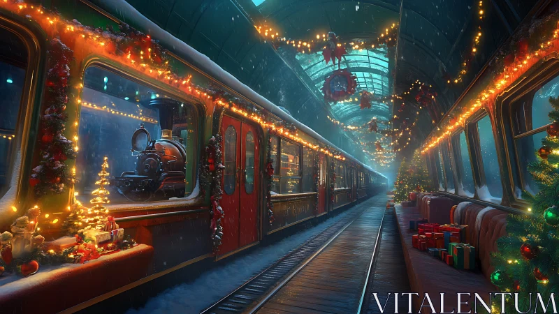Enchanting holiday train platform glows with festive magic.