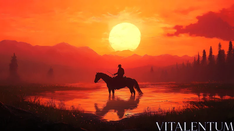 Silhouetted rider on horse crosses reflective water at sunset