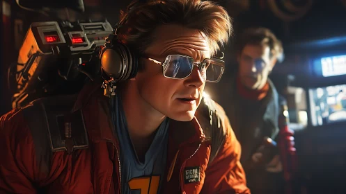 Retro sci fi teen with headset in neon lit lab scene.