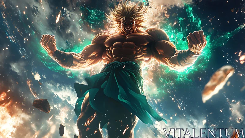 Titanic anime warrior unleashes cosmic energy in midair