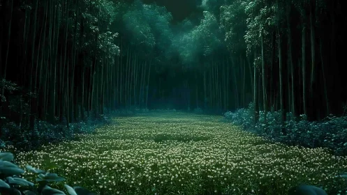 Ethereal Forest Path Through White Wildflowers Under Emerald Canopy