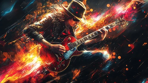 Fiery rock guitarist explodes into motion and light onstage.
