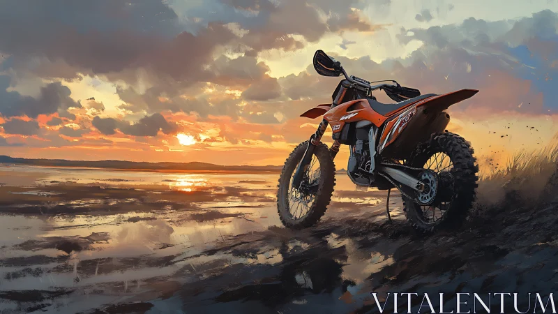 Enduro dirt bike cuts through reflective tidal flats sunset