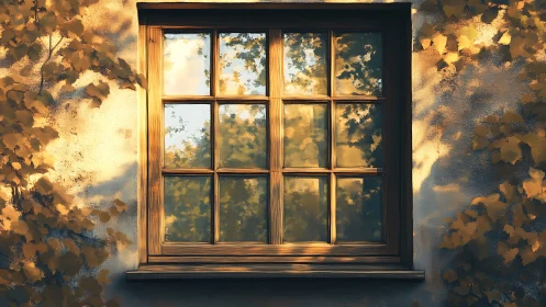 Wooden mullioned window with autumn foliage reflections at dusk