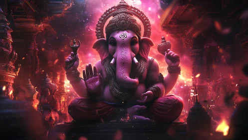 Ganesh deity in glowing temple with vivid digital lighting.