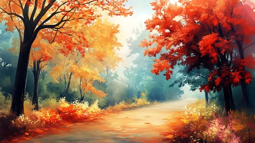 Autumnal Forest Avenue: Chromatic Deciduous Canopy with Atmospheric Perspective