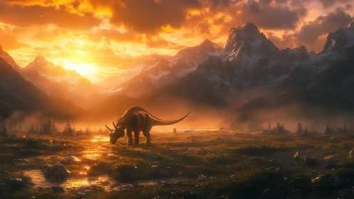 Sunlit dinosaur wandering in misty alpine valley at dusk.