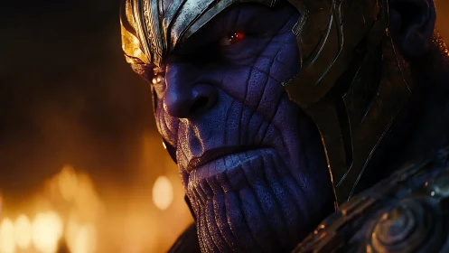 Cinematic close-up of armored purple titan under warm firelight