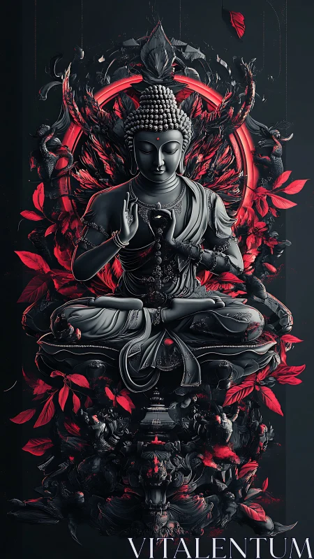 Digital sculptural Buddha with red halo and baroque foliage matrix.