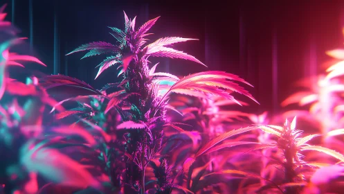 Cannabis plants stand under contrasting magenta and cyan light