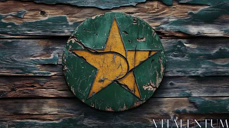 Weathered yellow star symbol rests on rustic wooden boards
