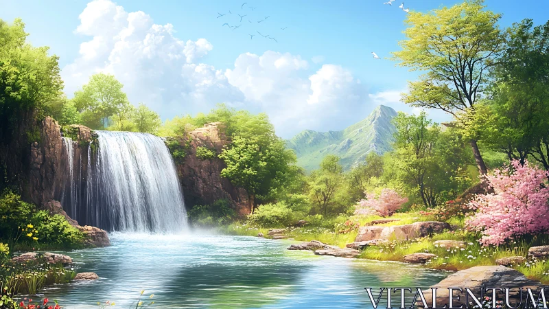 Sunlit waterfall cascades into serene, flower-lined river.
